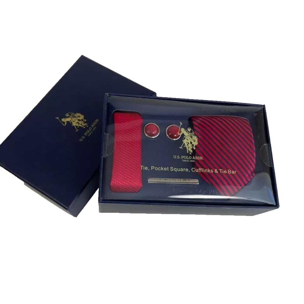 US Polo Assn. Striped Neck Tie Pocket Square Cufflinks Tie Bar Set Mens Red NEW